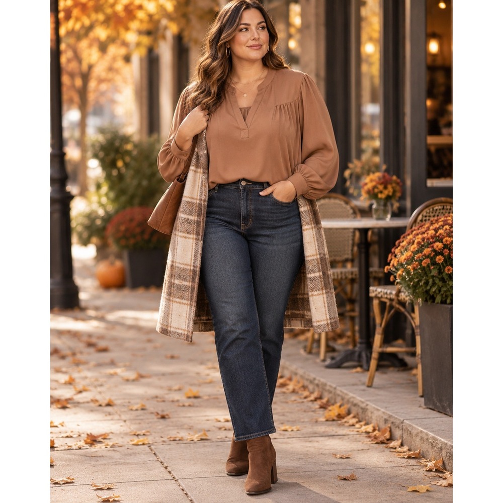 Women's ExLarge Camel Brown VNeck Bishop Sleeve Blouse Neutral Quiet Luxury Fall